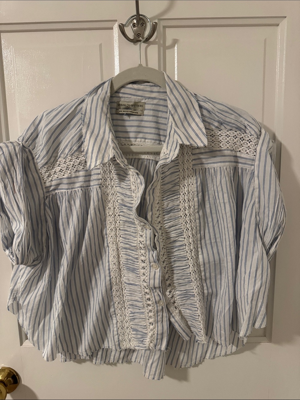 Urban Outfitters Blue & White Striped Lace-Detail Button Front Top